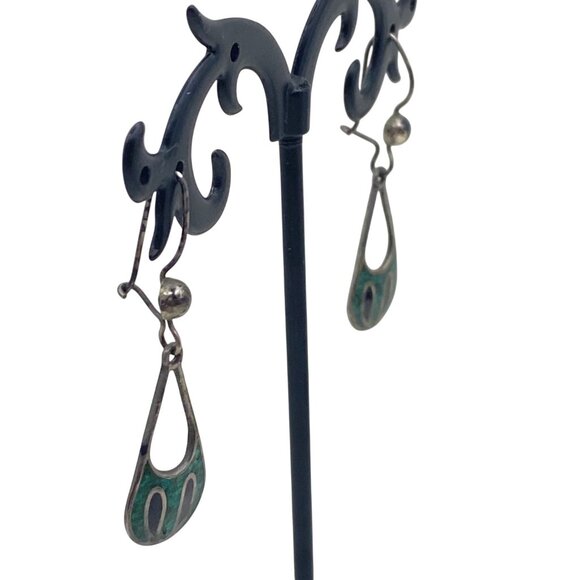 Taxco Mexico Sterling Silver Teardrop Earrings Crushed Stone Inlay TC97 LOOK - Picture 9 of 12